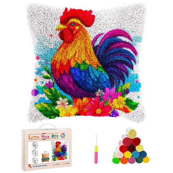 Latch Hook Kits Pillow Rainbow Color Rooster in Flowers Stamped Pillowcase Handamade Crochet Yarn Hook and Latch Emboridery Throw Pillow cover for Home Sofa Decor 17x17inch(38)