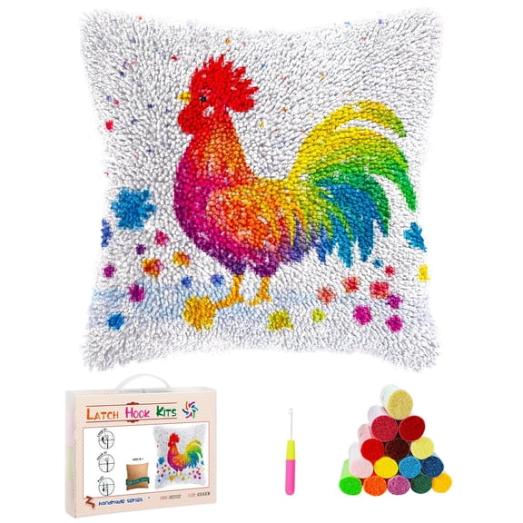 Latch Hook Kits Pillow Rainbow Color Rooster in Flowers Stamped Pillowcase Handamade Crochet Yarn Hook and Latch Emboridery Throw Pillow cover for Home Sofa Decor 17x17inch(39)