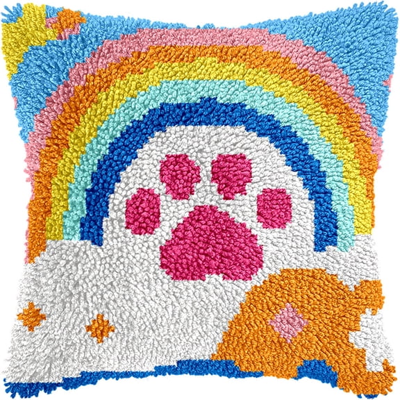 Latch Hook Kits Pillow Rainbow Crochet Yarn Cushion Colour Pre-Printed Canvas Rug Needlework Diy Pillowcase Hook And Latch Kit Christmas Home Arts Crafts Sofa Decoration 43X43Cm/17 X17Inch