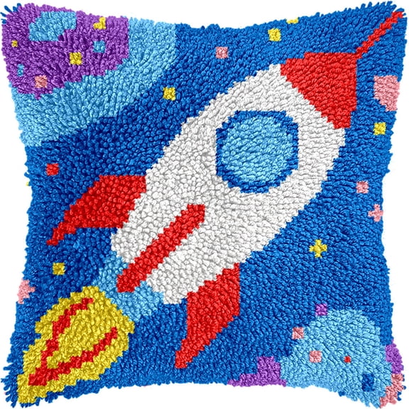 Latch Hook Kits Pillow Rocket Model Crochet Yarn Cushion Colour Pre-Printed Canvas Rug Needlework Diy Pillowcase Hook And Latch Kit Christmas Home Arts Crafts Sofa Decoration 43X43Cm/17 X17I