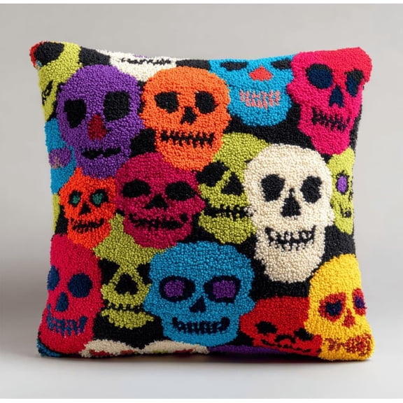 Latch Hook Kits Pillow Skulls Crochet Yarn Cushion Colour Pre-Printed Canvas Rug Needlework Diy Pillowcase Hook And Latch Kit Christmas Home Arts Crafts Sofa Decoration 43X43Cm/17