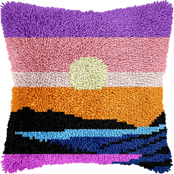 Latch Hook Kits Pillow Sunset Scenery 17X17 In Printed Canvas Cushion Crochet Yarn Needlework Hook Latch Diy Kit Embroidery Pillowcase Rug Cover Home Sofa Christmas Decoration