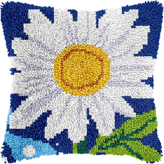 Latch Hook Kits Pillow White Daisies 17X17Inch Diy Handmade Cushion Crochet Yarn Embroidery Needlework Hook And Latch Kit Pillowcase Rug Cover Home Sofa Christmas Decoration