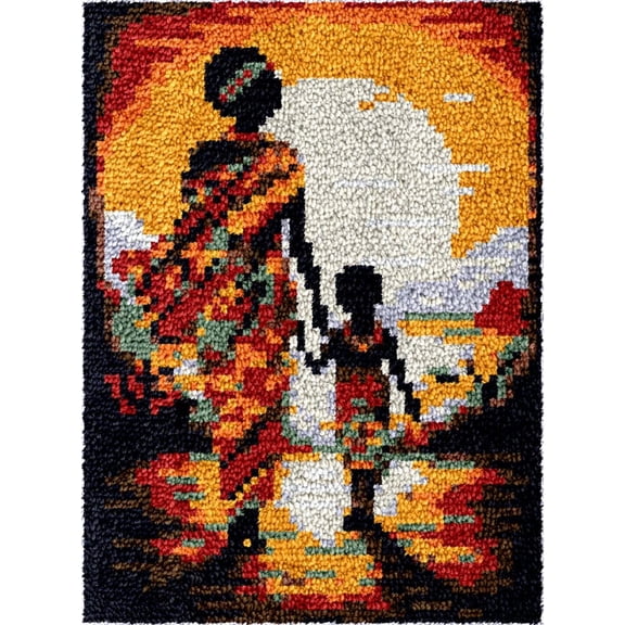 Latch Hook Kits Rug African Mother Woman & Son DIY Cushion Tapestry Making Crochet Hook Mat Making Kits Color Preprinted Pattern Canvas DIY Hooking Needlework Crochet Kits 52x38cm (S11-85)