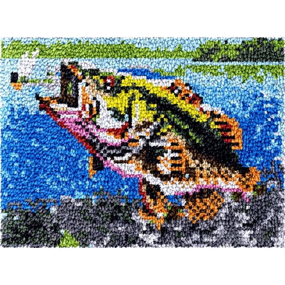 Latch Hook Kits Rug Bass Fish DIY Cushion Tapestry Making Crochet Hook Mat Making Kits Color Preprinted Pattern Canvas DIY Hooking Needlework Crochet Kits 52x38cm (S11-149)