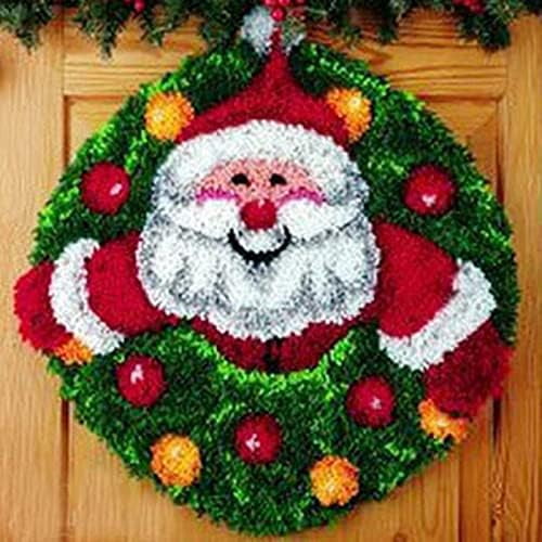 Latch Hook Kits Rug Christmas Santa Crochet Yarn Round Shape Cushion Embroidery Needlework Carpet Cover Hook and Latch Kit Tapestry Christmas Home Decoration 50*50cm