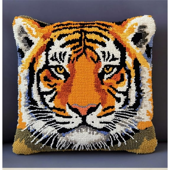 Latch Hook Kits Tiger Latch Hook Cushion Kits DIY Cross Stitch Sofa Cushion Cover with Latch Hook Tool Fit for Teenager and Adults Latch Hook Cushion Cover Kit 17X17 Inch