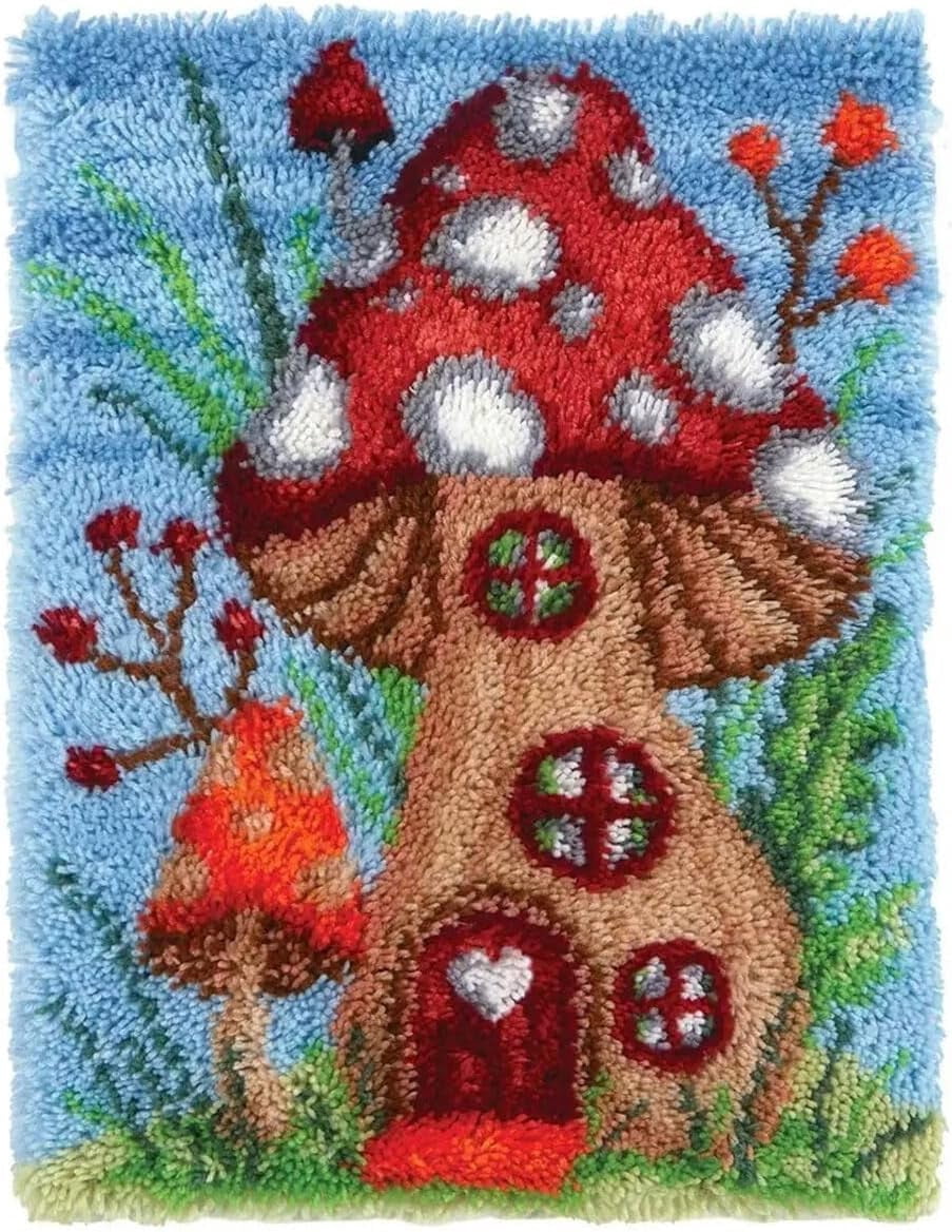Latch Hook Kits for Adults, Carpet Making Crochet Kits Embroidery Kits Needlework Crafts for Home Decor, Mushroom House,50*38cm/20*15in