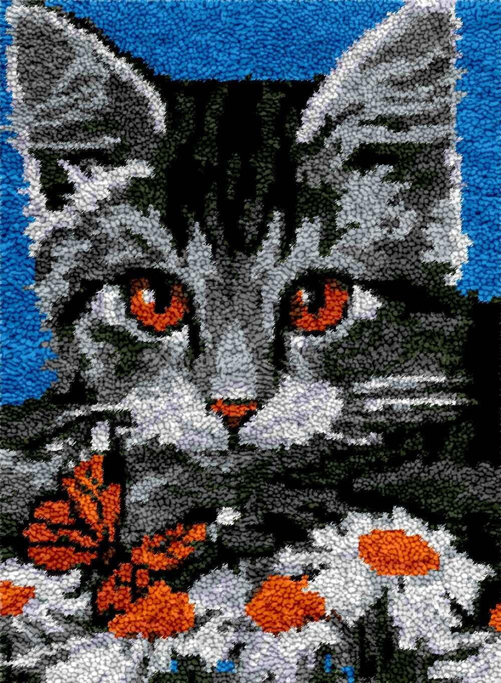 Latch Hook Kits for Adults, Cat Butterfly | Embroidery Kits, DIY Needlework Sofa Cushion Rug Making Kits 50×38cm/20*15in