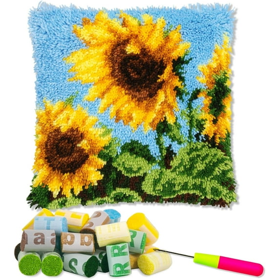 Latch Hook Kits for Adults DIY Throw Pillow Cover,Daisy Sunflower Needlework Cushion Cover Hand Craft Crochet for Great Family 17x17inch