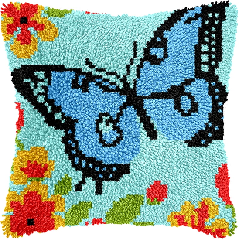 Latch Hook Pillow Case Embroidery Kitsblue Butterfly 17X17Inch Pre-Printed Diy Needlework Latch Hook Cushion Cover Kits For Kids & Adults Beginners,Cross-Stitch Sofa Cushion Cover, Embroider
