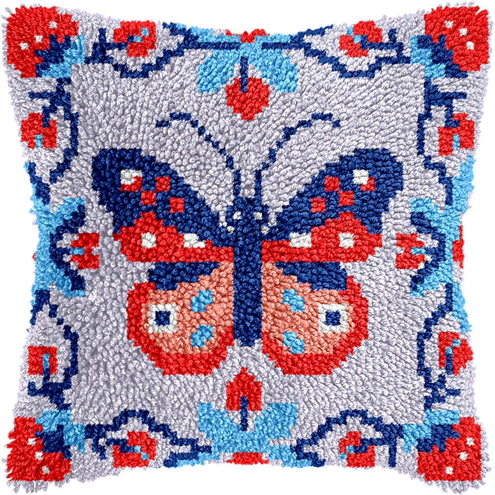 Latch Hook Pillow Case Embroidery Kitsbutterfly 17X17Inch Pre-Printed Diy Needlework Latch Hook Cushion Cover Kits For Kids & Adults Beginners,Cross-Stitch Sofa Cushion Cover, Embroidery Kit