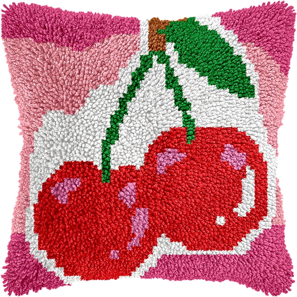 Latch Hook Pillow Case Embroidery Kitscherry 17X17Inch Pre-Printed Diy Needlework Latch Hook Cushion Cover Kits For Kids & Adults Beginners,Cross-Stitch Sofa Cushion Cover, Embroidery Kit Ea
