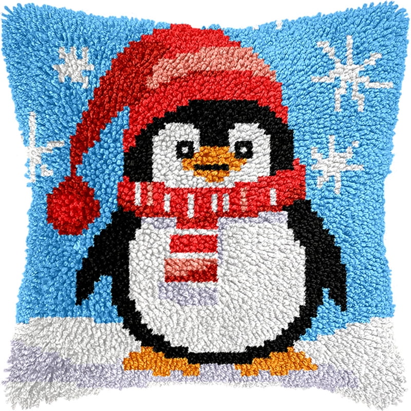 Latch Hook Pillow Case Embroidery Kitschristmas Penguin 17X17Inch Pre-Printed Diy Needlework Latch Hook Cushion Cover Kits For Kids & Adults Beginners,Cross-Stitch Sofa Cushion Cover, Embroi