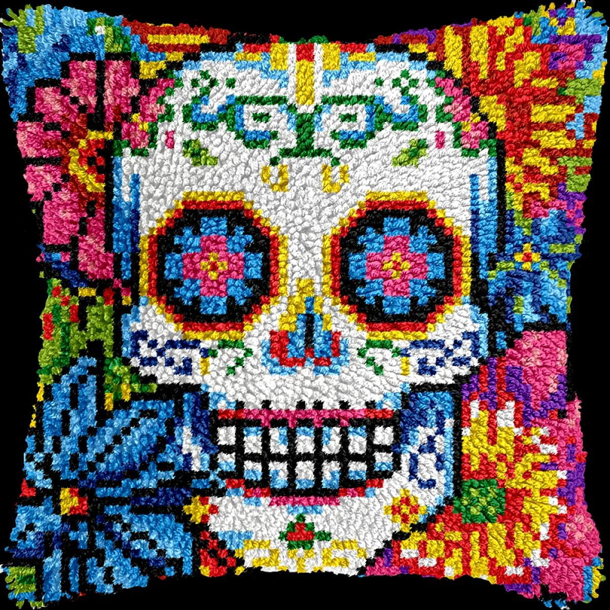 Latch Hook Pillow Case Embroidery Kitscolorful Skull 17X17Inch Pre-Printed Diy Needlework Latch Hook Cushion Cover Kits For Kids & Adults Beginners,Cross-Stitch Sofa Cushion Cover, Embroider