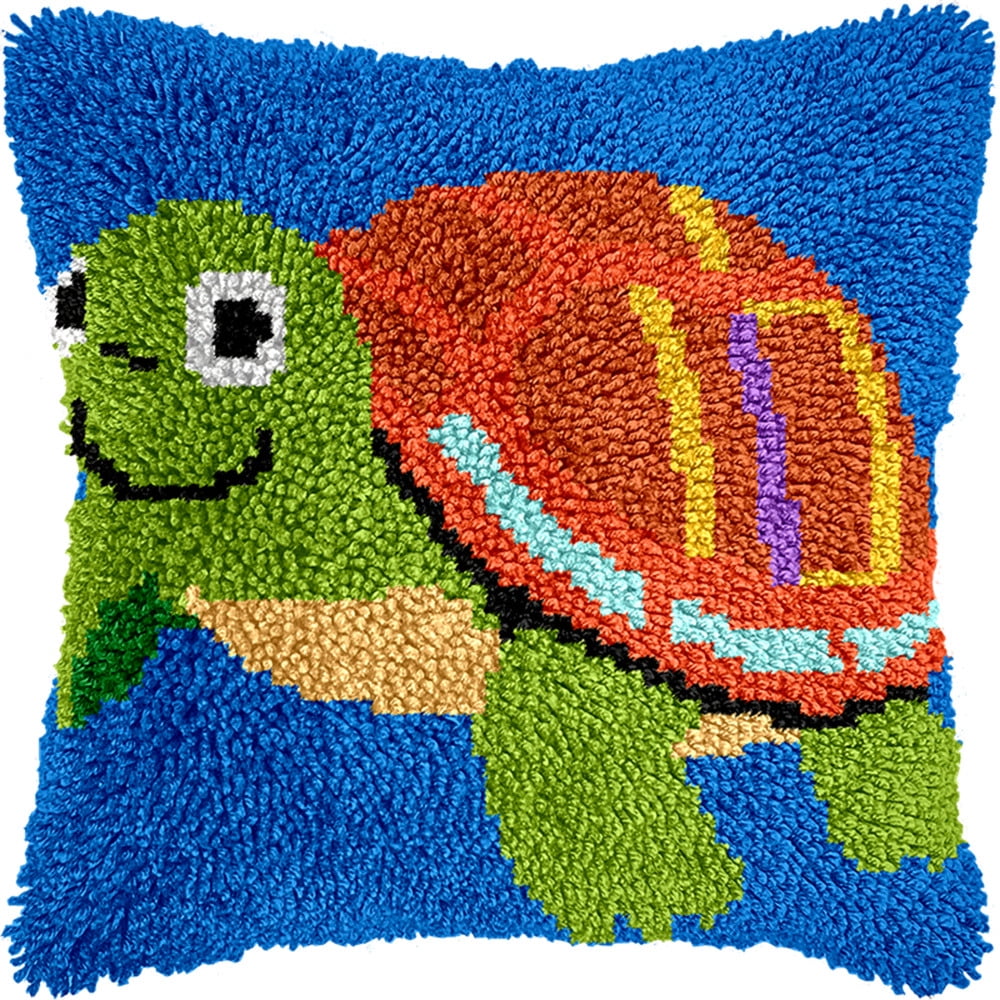 Latch Hook Pillow Case Embroidery Kitscute Little Turtle 17X17Inch Pre-Printed Diy Needlework Latch Hook Cushion Cover Kits For Kids & Adults Beginners,Cross-Stitch Sofa Cushion Cover, Embro