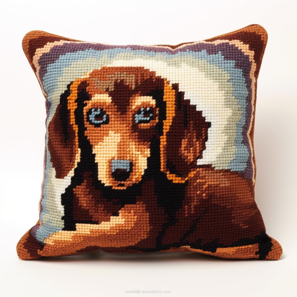 Latch Hook Pillow Case Embroidery Kitsdachshund 17X17Inch Pre-Printed Diy Needlework Latch Hook Cushion Cover Kits For Kids & Adults Beginners,Cross-Stitch Sofa Cushion Cover, Embroidery Kit