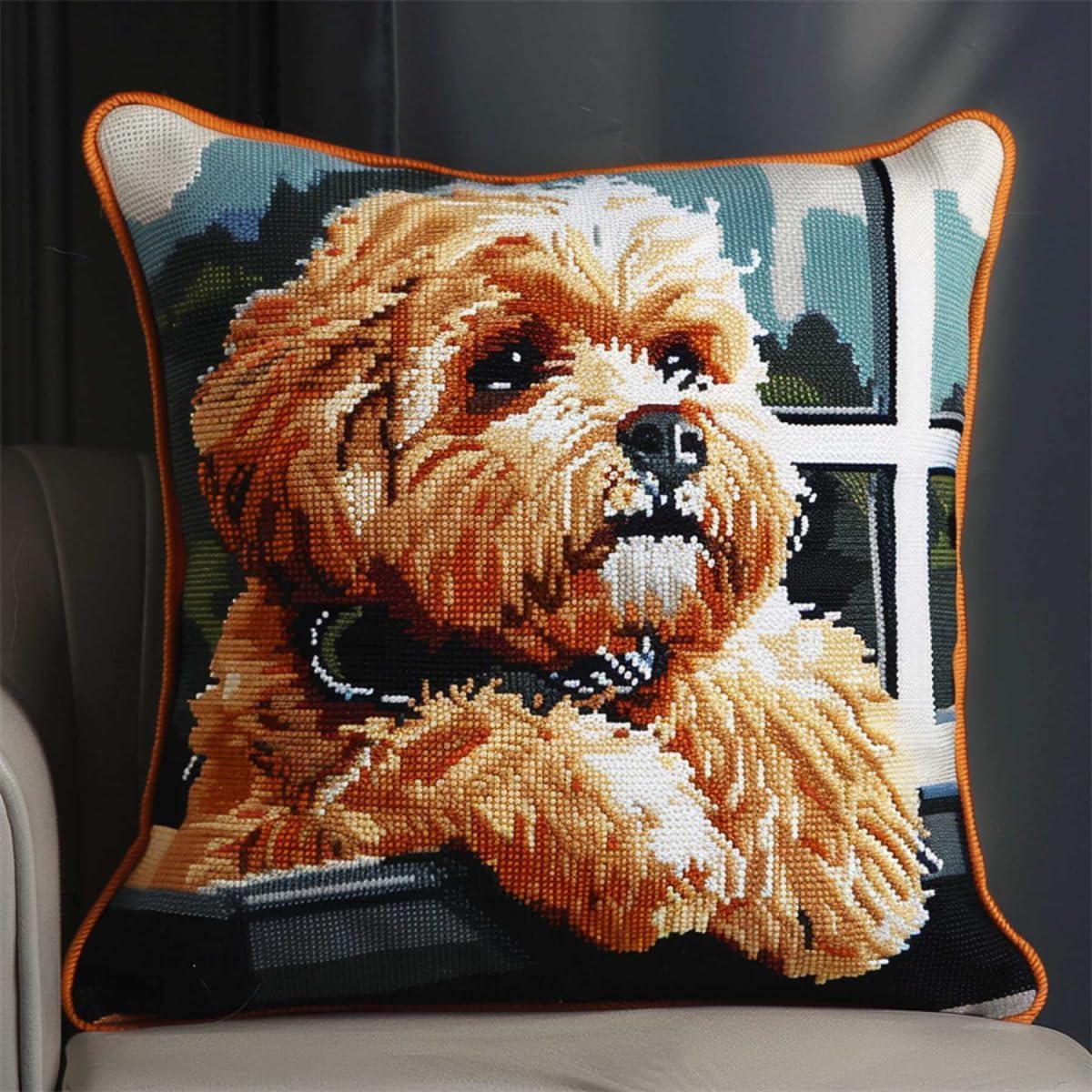 Latch Hook Pillow Case Embroidery Kitsdog Lying Down 17X17Inch Pre-Printed Diy Needlework Latch Hook Cushion Cover Kits For Kids & Adults Beginners,Cross-Stitch Sofa Cushion Cover, Embroider