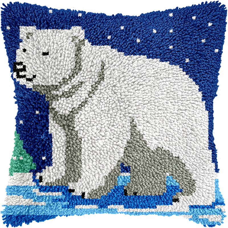 Latch Hook Pillow Case Embroidery Kitspolar Bear 17X17Inch Pre-Printed Diy Needlework Latch Hook Cushion Cover Kits For Kids & Adults Beginners,Cross-Stitch Sofa Cushion Cover, Embroidery Ki