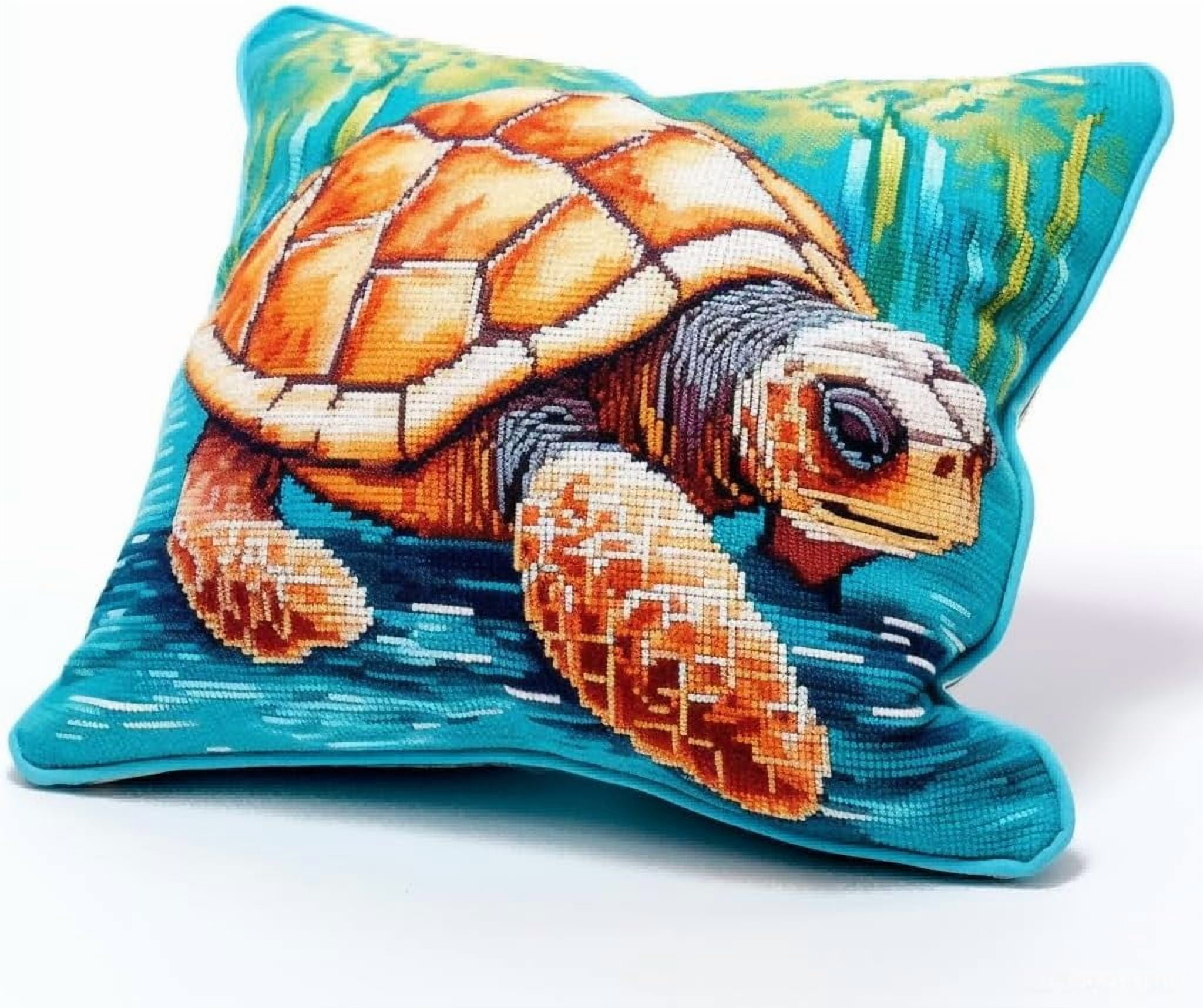 Latch Hook Pillow Case Embroidery Kitssea Turtle 17X17Inch Pre-Printed Diy Needlework Latch Hook Cushion Cover Kits For Kids & Adults Beginners,Cross-Stitch Sofa Cushion Cover, Embroidery Ki