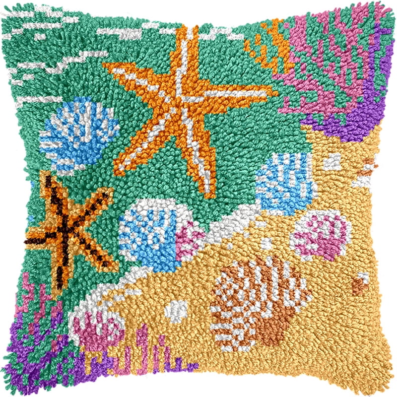 Latch Hook Pillow Case Embroidery Kitsstarfish And Seashells 17X17Inch Pre-Printed Diy Needlework Latch Hook Cushion Cover Kits For Kids & Adults Beginners,Cross-Stitch Sofa Cushion Cover, E