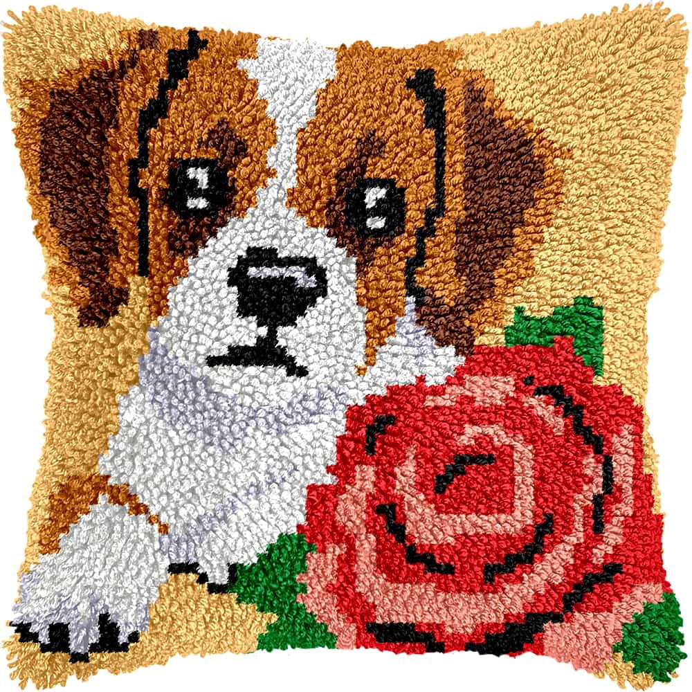 Latch Hook Pillow Case Kits,Animal Dog 17X17 Inch Latch Hook Cushion Cover Kit,Knitting Kits Cushion For Adults And Beginners Rug Making Kit For Starters