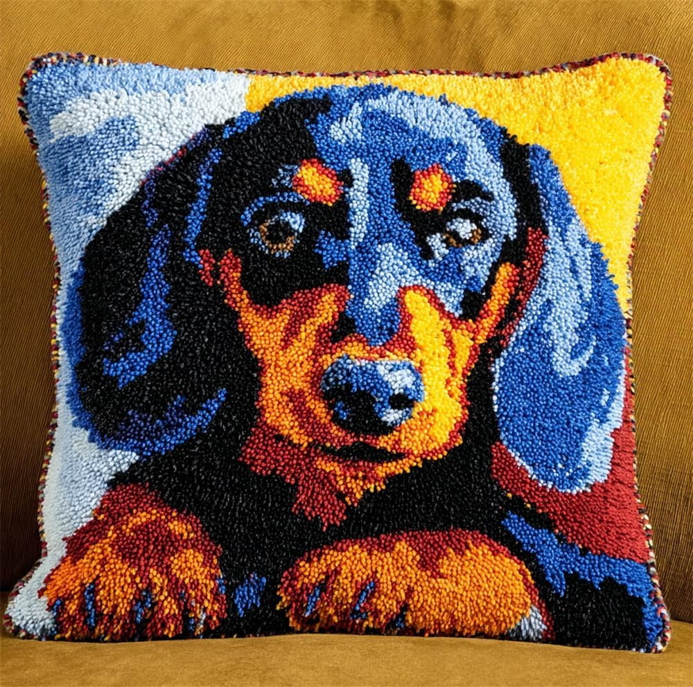 Latch Hook Pillow Case Kits,Animal Dog 17X17Inch 3D Diy Latch Hook Cushion Cover Kit,Knitting Kits Cushion For Adults And Beginners Rug Making Kit For Starters