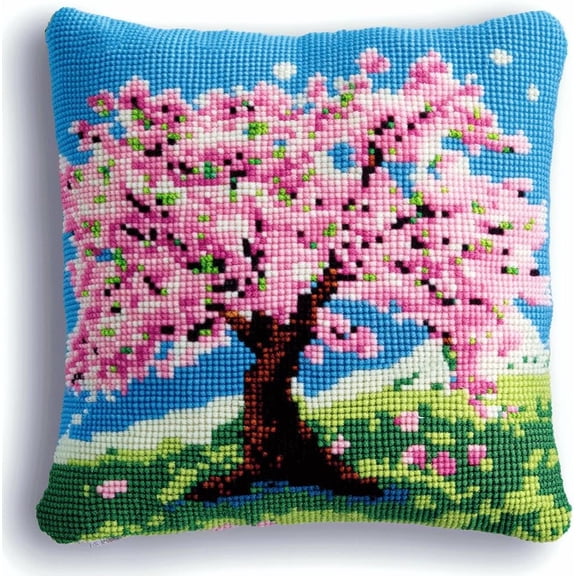 Latch Hook Pillow Case Kits,Beautiful Cherry Blossom Trees 17X17Inch 3D Diy Latch Hook Cushion Cover Kit,Knitting Kits Cushion For Adults And Beginners Rug Making Kit For Starters