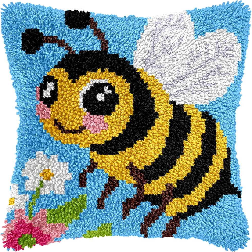 Latch Hook Pillow Case Kits,Bee 17X17 Inch Latch Hook Cushion Cover Kit,Knitting Kits Cushion For Adults And Beginners Rug Making Kit For Starters