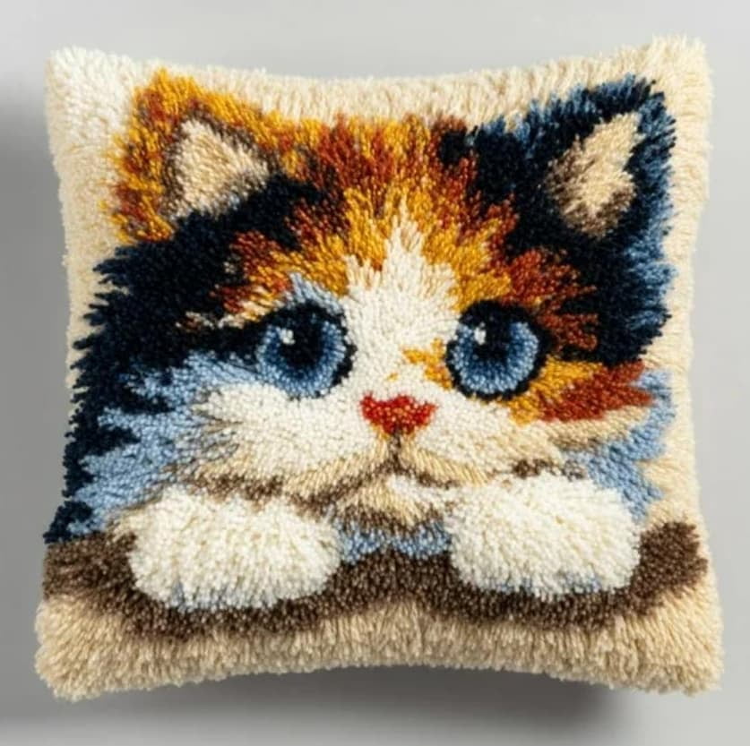 Latch Hook Pillow Case Kits,Cat 17X17 Inch Latch Hook Cushion Cover Kit,Knitting Kits Cushion For Adults And Beginners Rug Making Kit For Starters