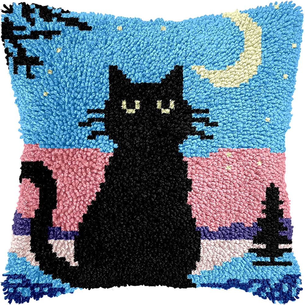 Latch Hook Pillow Case Kits,Cat 17X17 Inch Latch Hook Cushion Cover Kit,Knitting Kits Cushion For Adults And Beginners Rug Making Kit For Starters