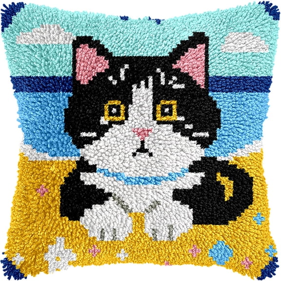 Latch Hook Pillow Case Kits,Cats Lying On The Beach 17X17Inch 3D Diy Latch Hook Cushion Cover Kit,Knitting Kits Cushion For Adults And Beginners Rug Making Kit For Starters