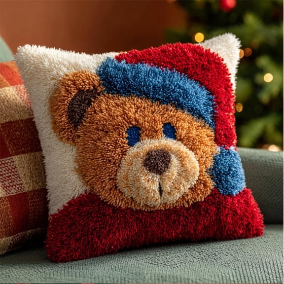 Latch Hook Pillow Case Kits,Cute Bear 17X17Inch 3D Diy Latch Hook Cushion Cover Kit,Knitting Kits Cushion For Adults And Beginners Rug Making Kit For Starters