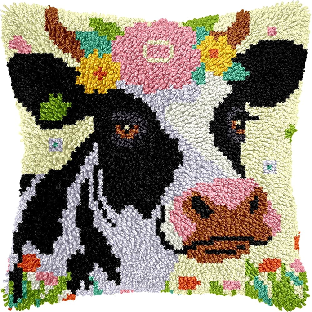 Latch Hook Pillow Case Kits,Dairy Cow 17X17 Inch Latch Hook Cushion Cover Kit,Knitting Kits Cushion For Adults And Beginners Rug Making Kit For Starters