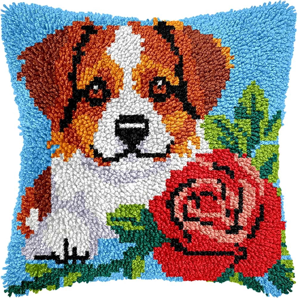 Latch Hook Pillow Case Kits,Dog 17X17 Inch Latch Hook Cushion Cover Kit,Knitting Kits Cushion For Adults And Beginners Rug Making Kit For Starters