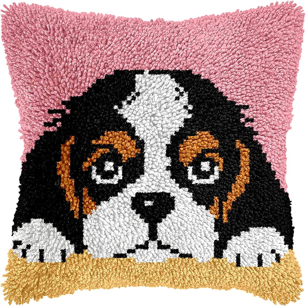 Latch Hook Pillow Case Kits,Dog 17X17 Inch Latch Hook Cushion Cover Kit,Knitting Kits Cushion For Adults And Beginners Rug Making Kit For Starters