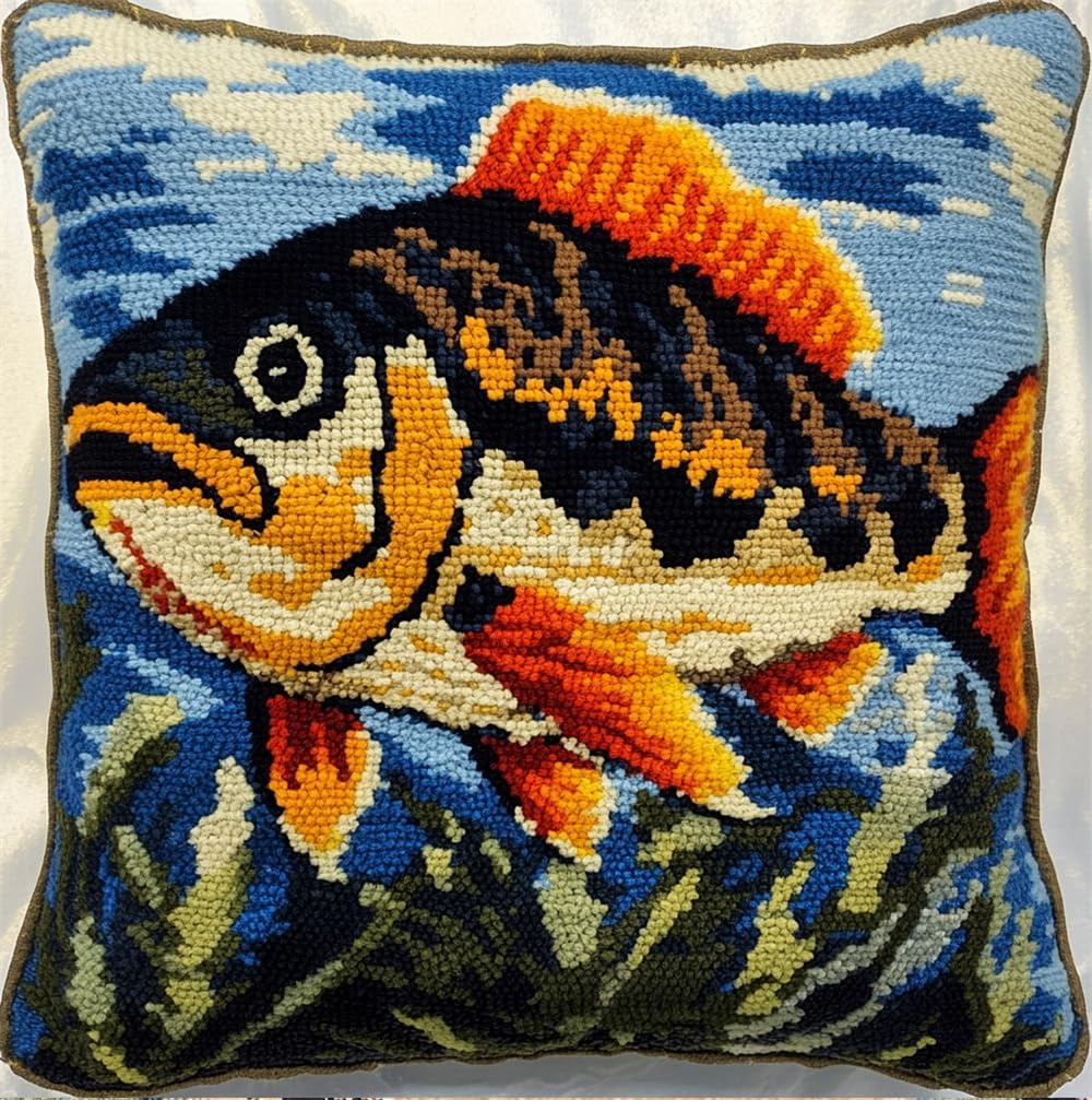 Latch Hook Pillow Case Kits,Fish 17X17Inch 3D Diy Latch Hook Cushion Cover Kit,Knitting Kits Cushion For Adults And Beginners Rug Making Kit For Starters
