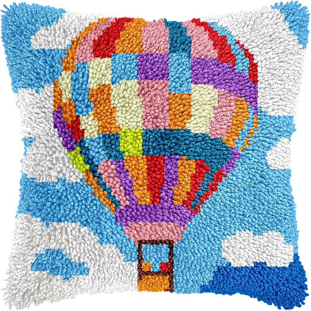Latch Hook Pillow Case Kits,Hot Air Balloon 17X17 Inch Latch Hook Cushion Cover Kit,Knitting Kits Cushion For Adults And Beginners Rug Making Kit For Starters