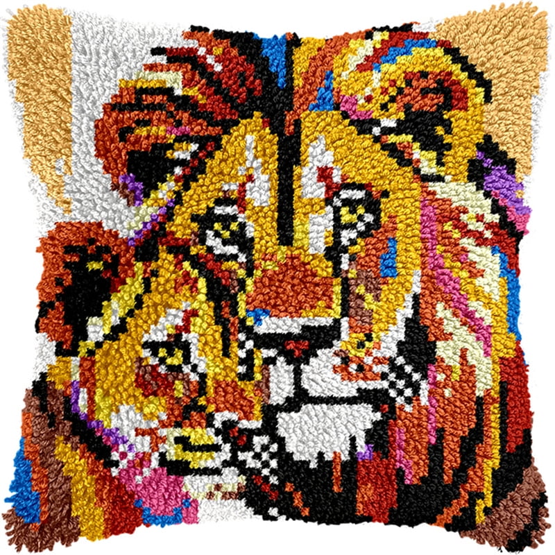 Latch Hook Pillow Case Kits,Lion Father And Son 17X17Inch 3D Diy Latch Hook Cushion Cover Kit,Knitting Kits Cushion For Adults And Beginners Rug Making Kit For Starters