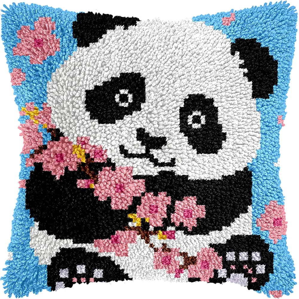Latch Hook Pillow Case Kits,Panda 17X17 Inch Latch Hook Cushion Cover Kit,Knitting Kits Cushion For Adults And Beginners Rug Making Kit For Starters