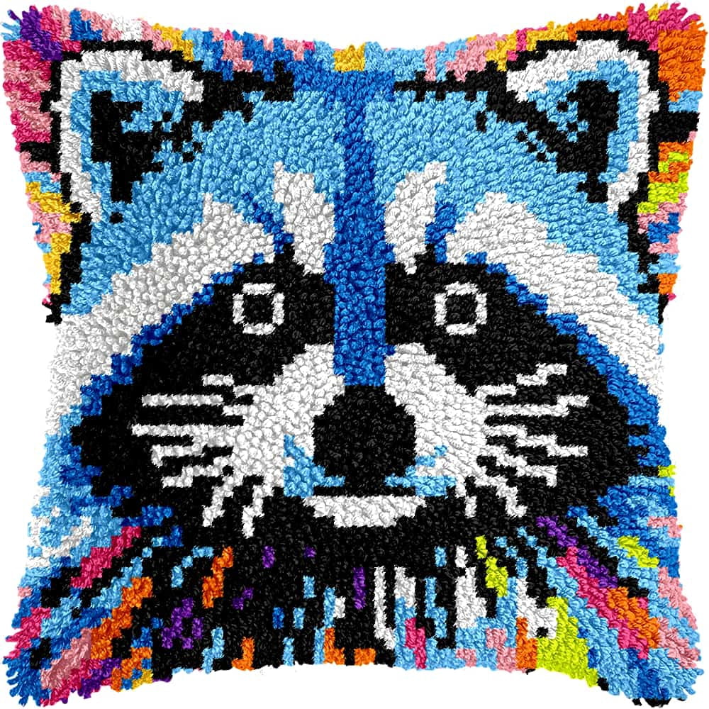 Latch Hook Pillow Case Kits,Raccoon 17X17 Inch Latch Hook Cushion Cover Kit,Knitting Kits Cushion For Adults And Beginners Rug Making Kit For Starters