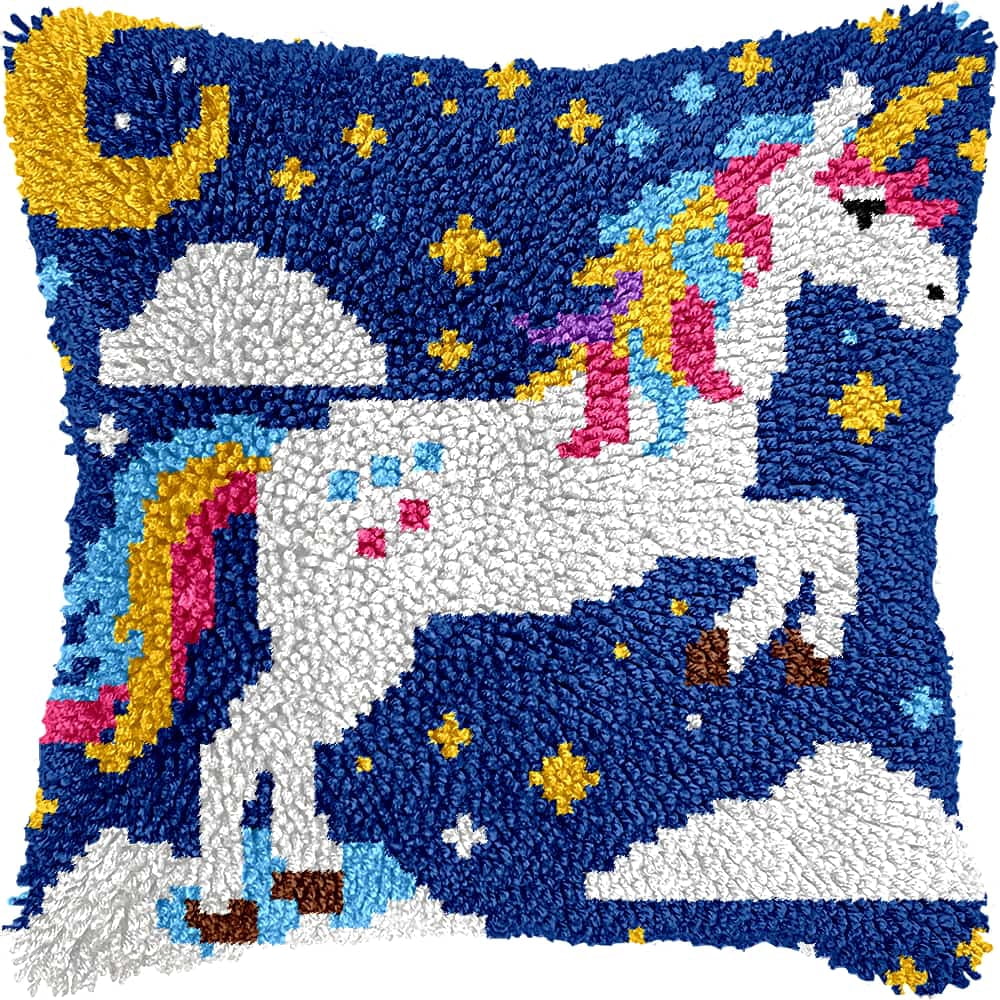 Latch Hook Pillow Case Kits,Rainbow Horse 17X17 Inch Latch Hook Cushion Cover Kit,Knitting Kits Cushion For Adults And Beginners Rug Making Kit For Starters