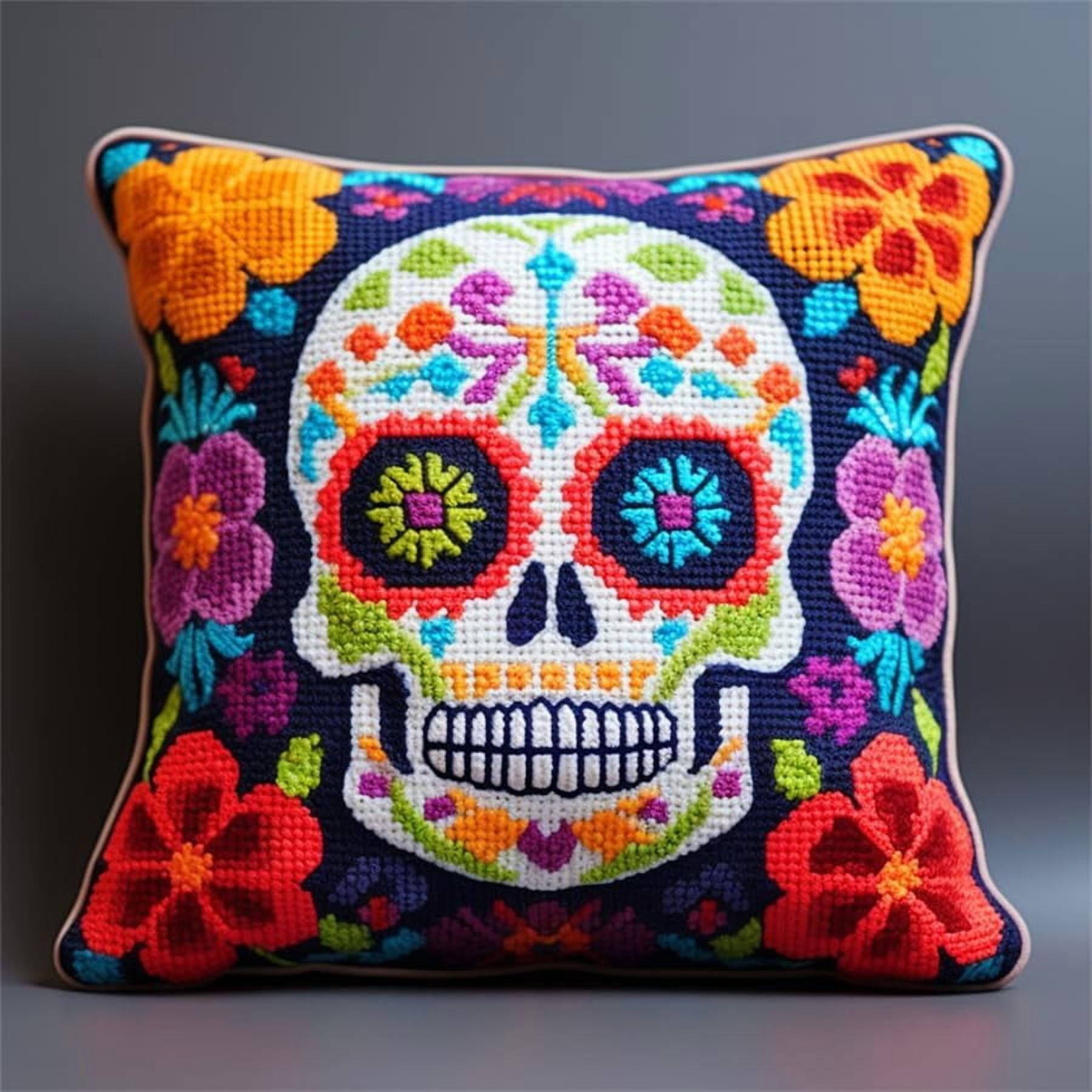 Latch Hook Pillow Case Kits,Skull And Flowers 17X17Inch 3D Diy Latch Hook Cushion Cover Kit,Knitting Kits Cushion For Adults And Beginners Rug Making Kit For Starters