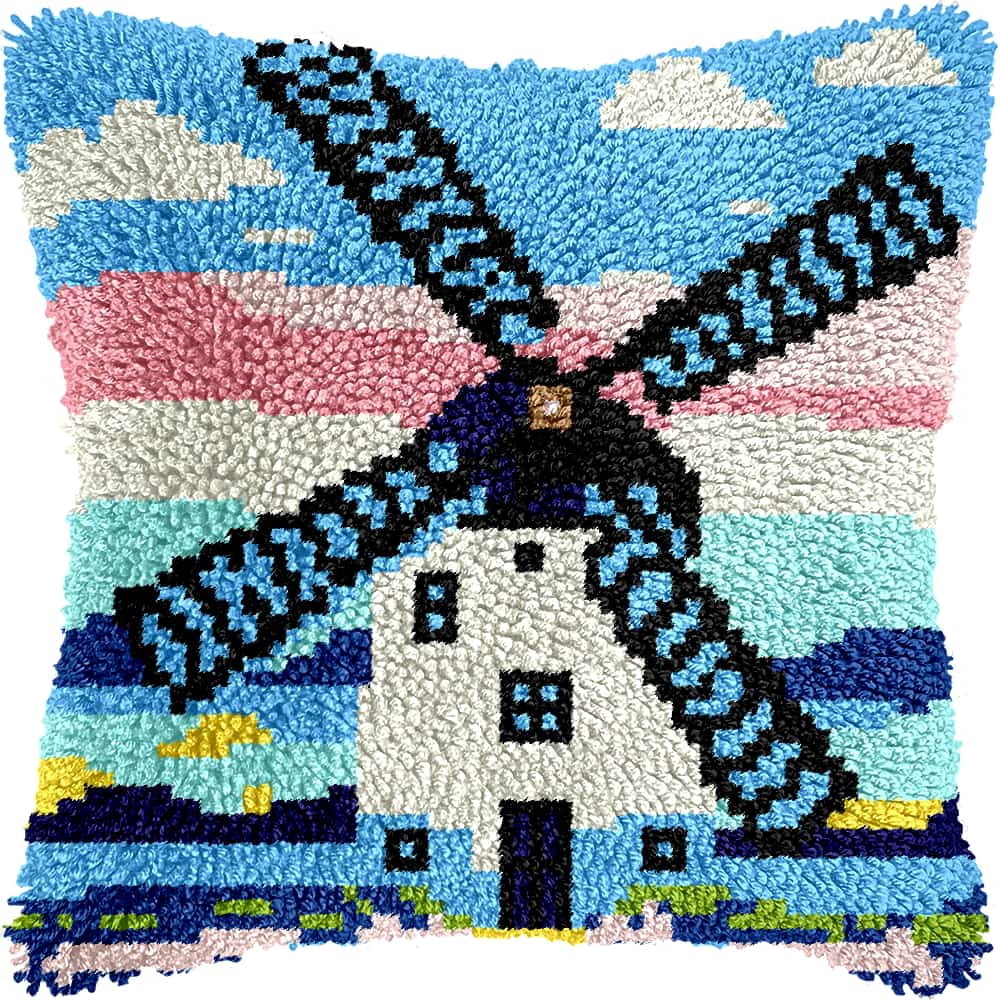 Latch Hook Pillow Case Kits,Windmill 17X17 Inch Latch Hook Cushion Cover Kit,Knitting Kits Cushion For Adults And Beginners Rug Making Kit For Starters