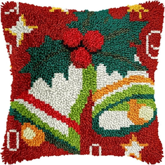 Latch Hook Pillow Christmas Bells Kits for DIY Throw Pillow Cross Stitch Hooking Pillowcase Kits with Preprinted Color Pattern Canvas Cushion Kits 17''X 17''(C-290)