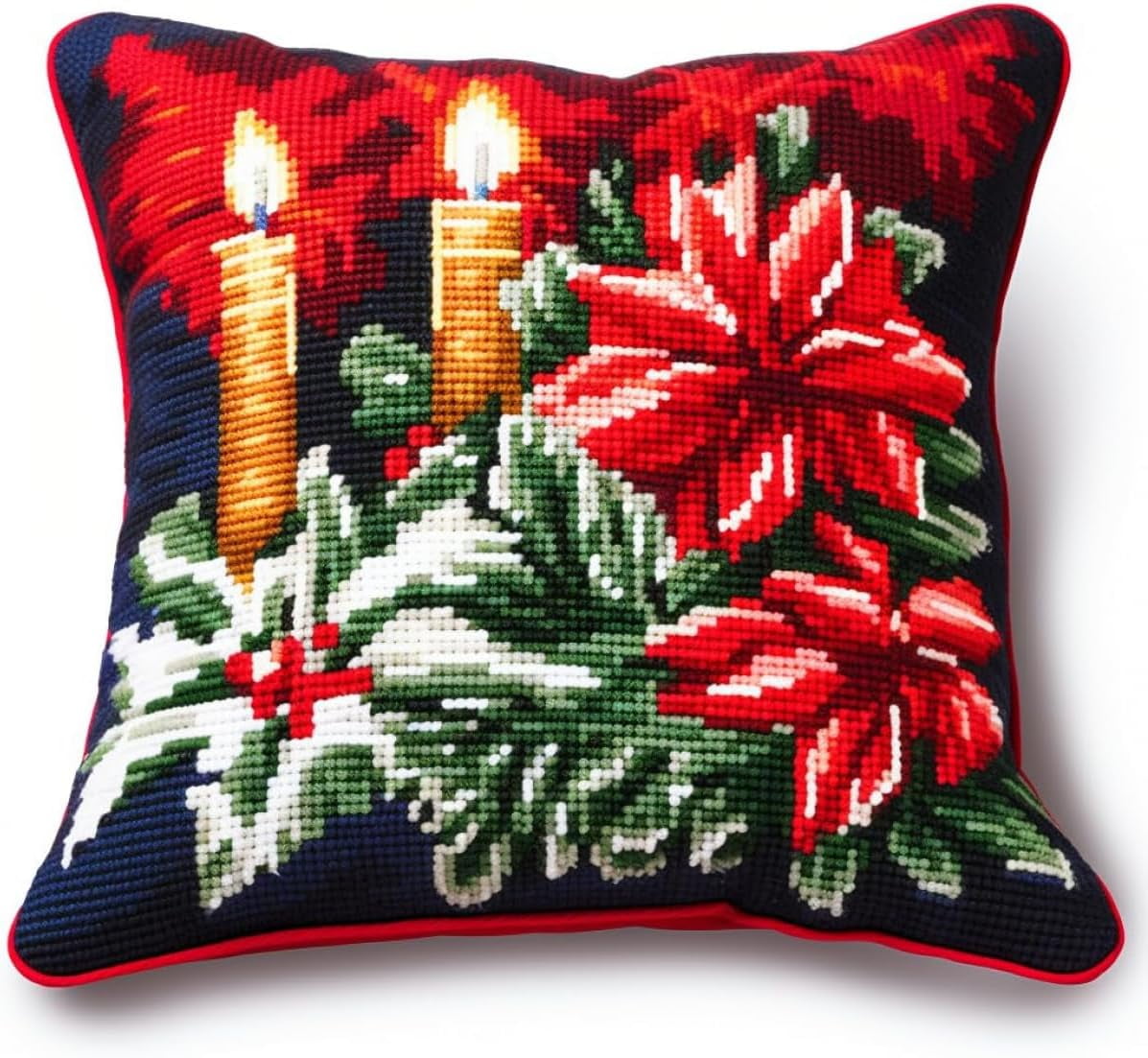 Latch Hook Pillow Cover Kits For Adults Beginners,Candles And Red Flowers Pre-Printed Embroidery Cushion Kit Latch Hook Kit Cushion Cover Making For Diy Starter Project ,17X17Inch