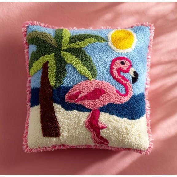 Latch Hook Pillow Cover Kits For Adults Beginners,Sunset Pink Bird Pre-Printed Embroidery Cushion Kit Latch Hook Kit Cushion Cover Making For Diy Starter Project ,17X17Inch