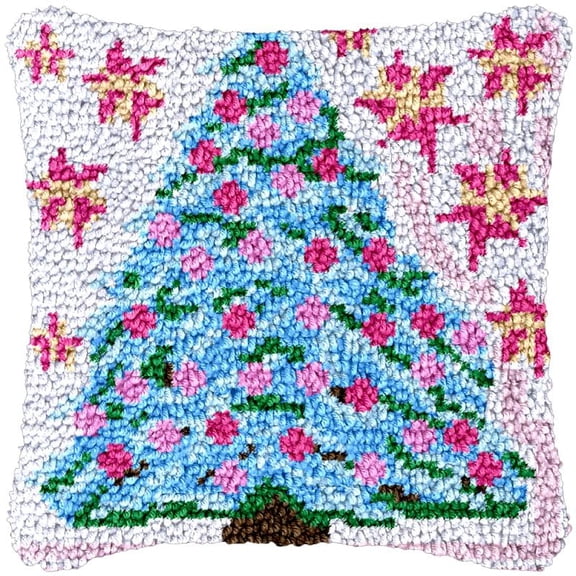 Latch Hook Pillow Cover Kits Blue Red Shiny Tree for DIY Needlework Cushion Handmade Rug Cross Stitch Latch Hook Printed Pillowcase Hooking Kits Crochet Yarn Kits Needlework 17'' X 17''