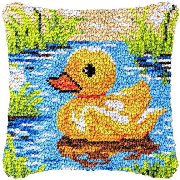 Latch Hook Pillow Cover Kits Little Duck for DIY Needlework Cushion Handmade Rug Cross Stitch Latch Hook Printed Pillowcase Hooking Kits Crochet Yarn Kits Needlework 17'' X 17''