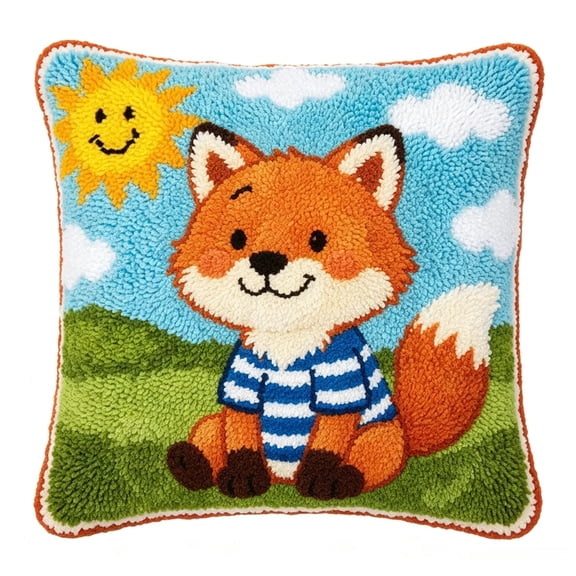 Latch Hook Pillow Cushion Kit,Cute little fox Beginner Art Craft for Family,Stress Relief Handmade Home Decoration Gift,17x17 Inch